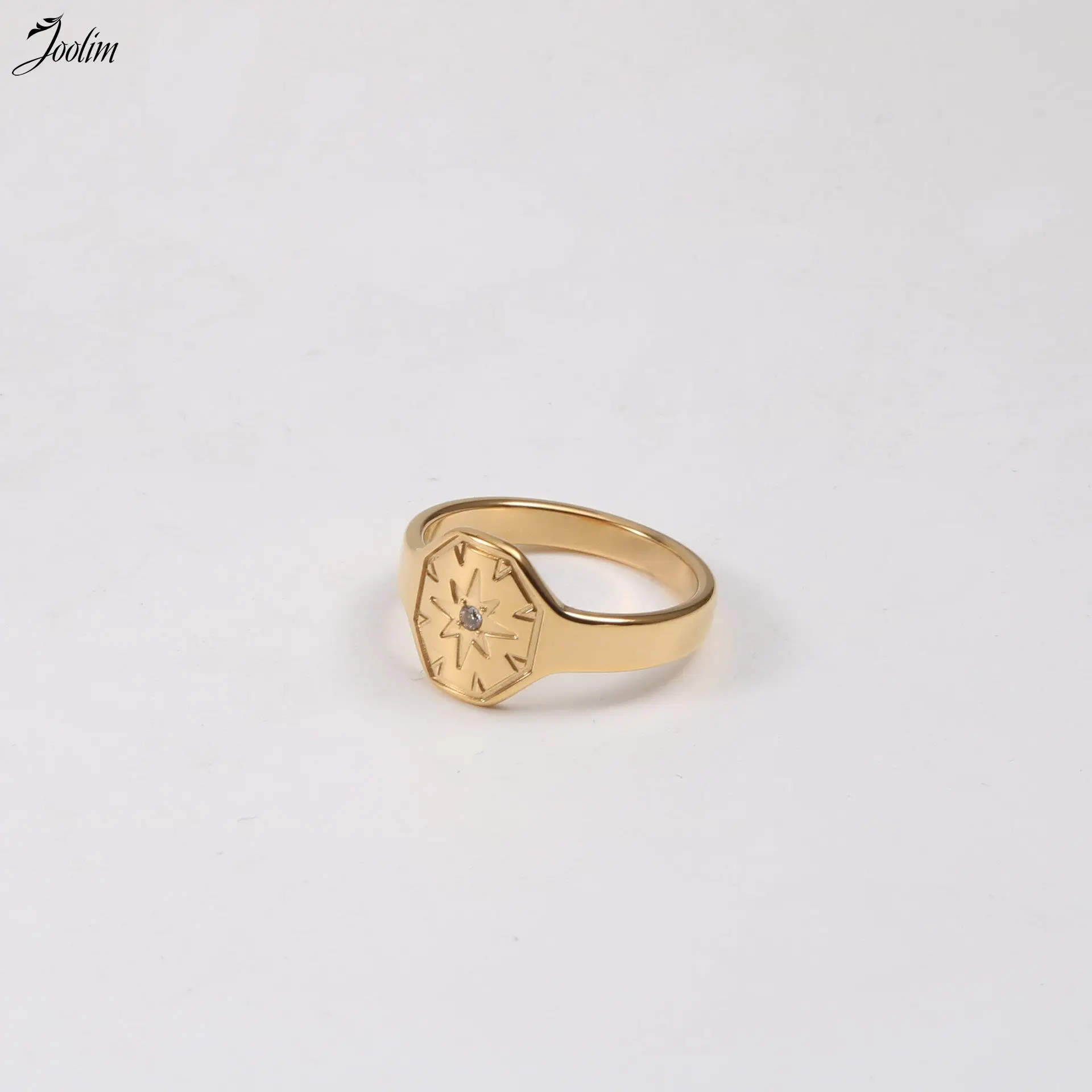 

Joolim Jewelry High End PVD Wholesale Waterproof Versatile Fashion Lucky Star Seal Stainless Steel Ring for Women