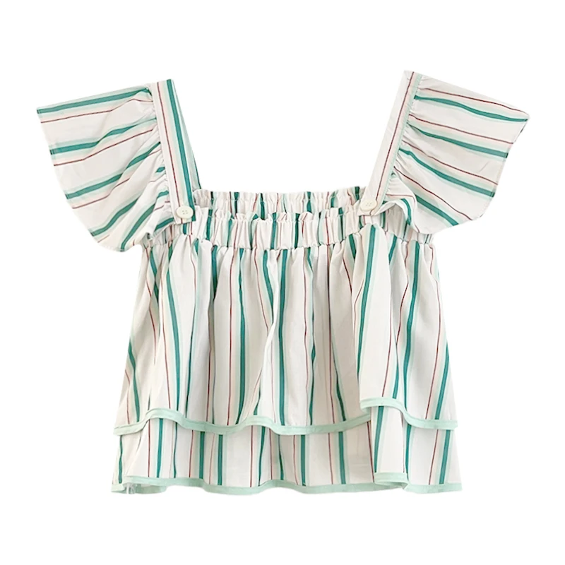 

French fresh green striped sweet square collar short shirt