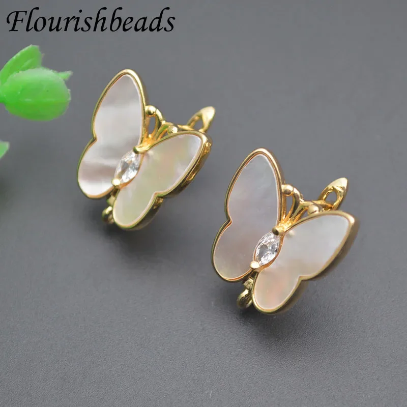 Big Size Natural Shell Paved CZ Beads Butterfly Shaped Earring Hooks Clasp for DIY Jewelry Making Supplies 20pcs/lot