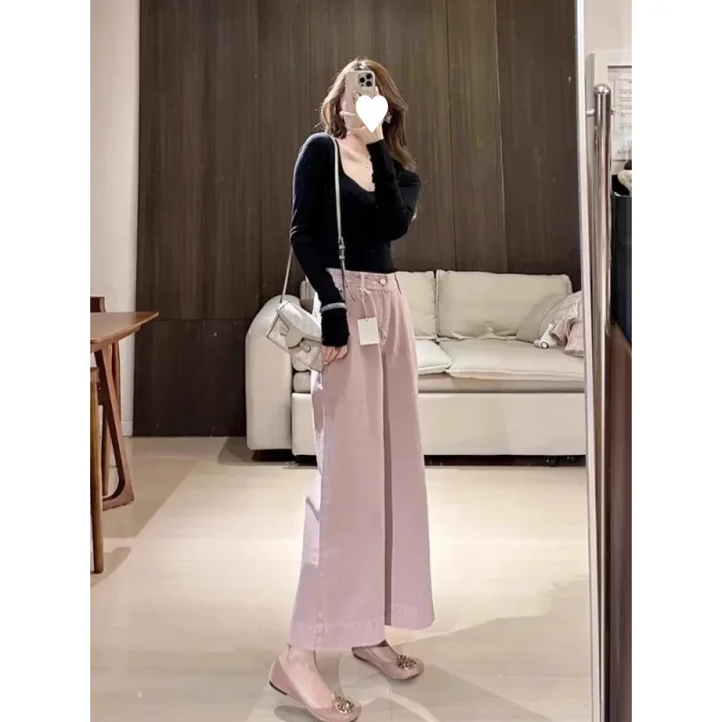 Pink High-Waisted Wide-Leg Jeans New Spring/Autumn Style Women's Straight-Leg Pants Large Size Chinese Traditional Pants