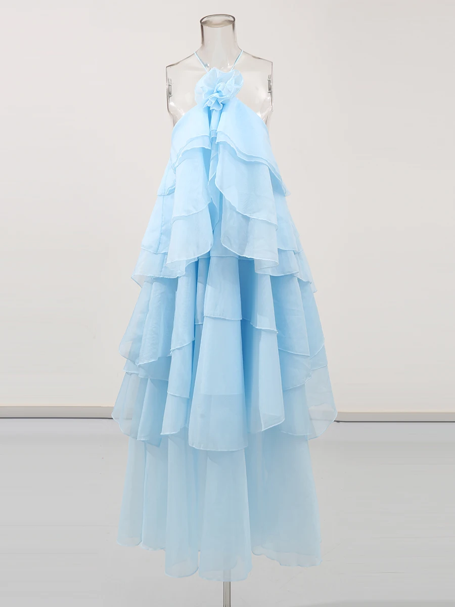 Elegant Halter Dress - Solid Ruffled Backless Sleeveless Fashion for Women