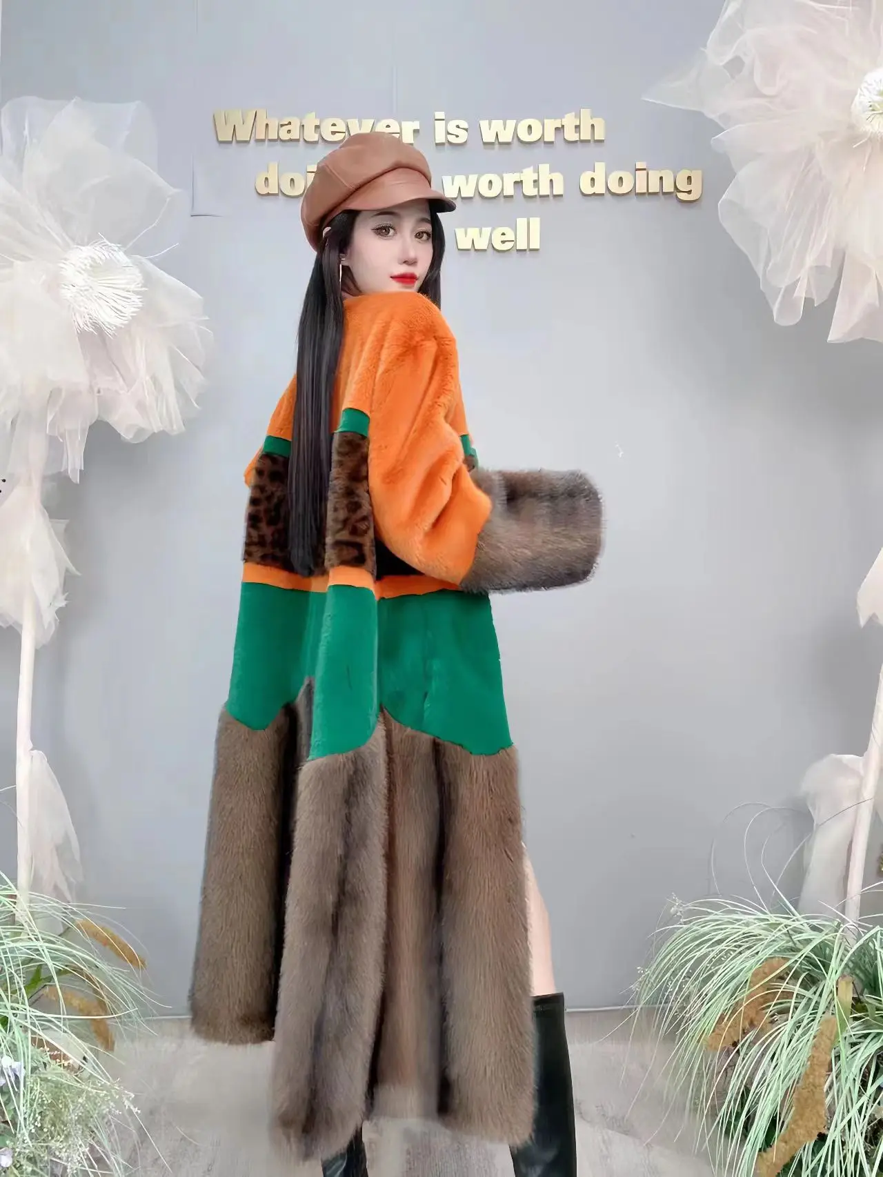 Orange Patchwork Leopard Print Green Eco-friendly Fur, Casual Mid Length V-neck Style Imitation Mink Fur Warm Coat, Winter New 2