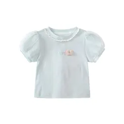 Girls' Short - Sleeved Cotton T - Shirt with 3D Floral Design - Stylish and Cute Summer Top - 110cm (Blue green)