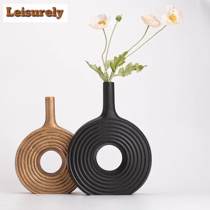 Wall Moon Ceramic Vase Decorative Vasen Pot Single Branch Flower Arranging Utensils Ornament Donut Design Flowerpot Table Decor