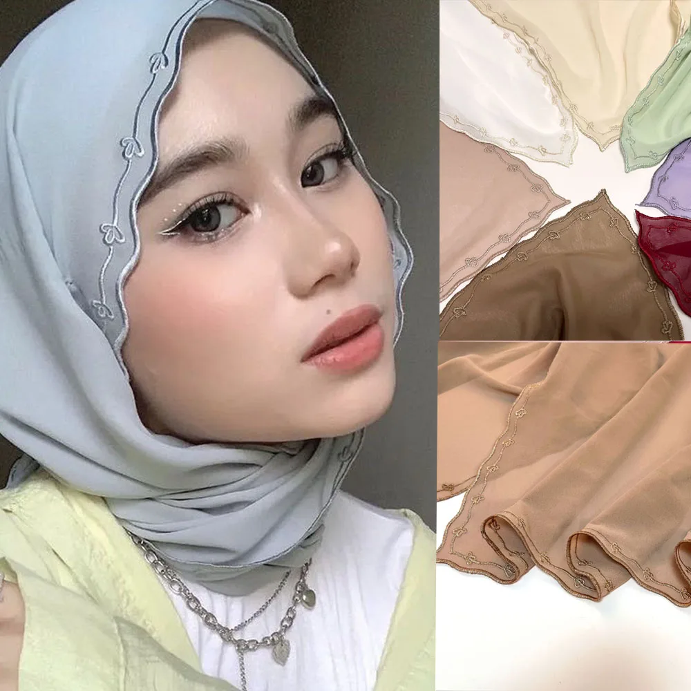 Muslim Women Sulam Hijab Shawl Embroidered Scallop Headscarf Premium Heavy Chiffon Shawl Embroidery Edge Shawls Hijab Scarf