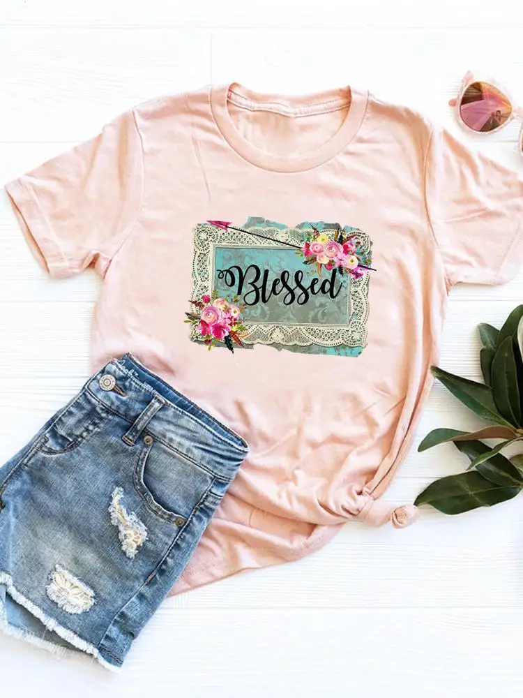 

Print T Shirt Tee Basic Clothing Summer Top Flower Letter Trend Sweet 90s Fashion Short Sleeve Graphic T-shirt Women Clothes
