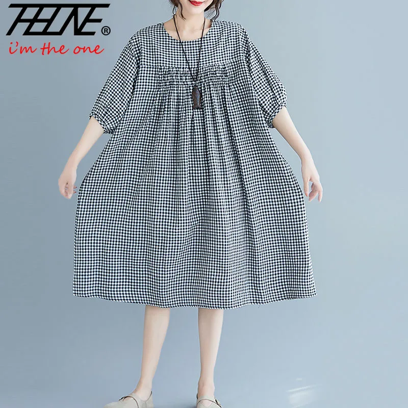 

Женское платье с цветочным принтом THHONE, винтажное хлопково-льняное Повседневное платье средней длины в клетку в стиле бохо, большие размеры, на лето