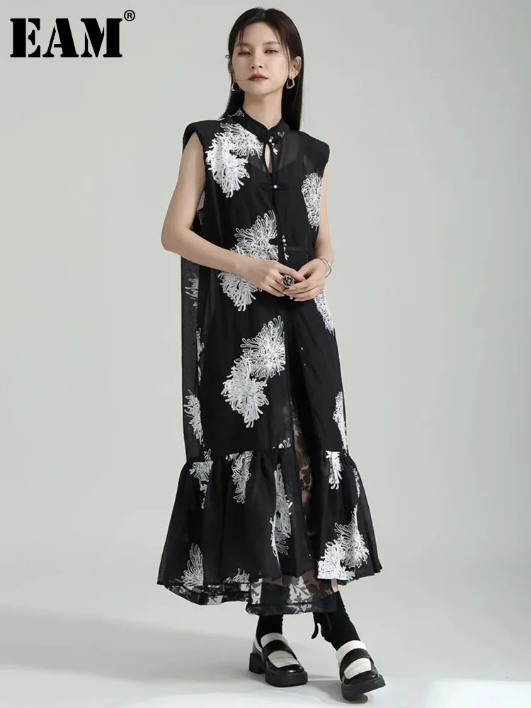 

Женское платье с вышивкой [EAM], Черное Длинное свободное платье с воротником-стойкой без рукавов 1DF8177, новинка сезона весна-лето 2024