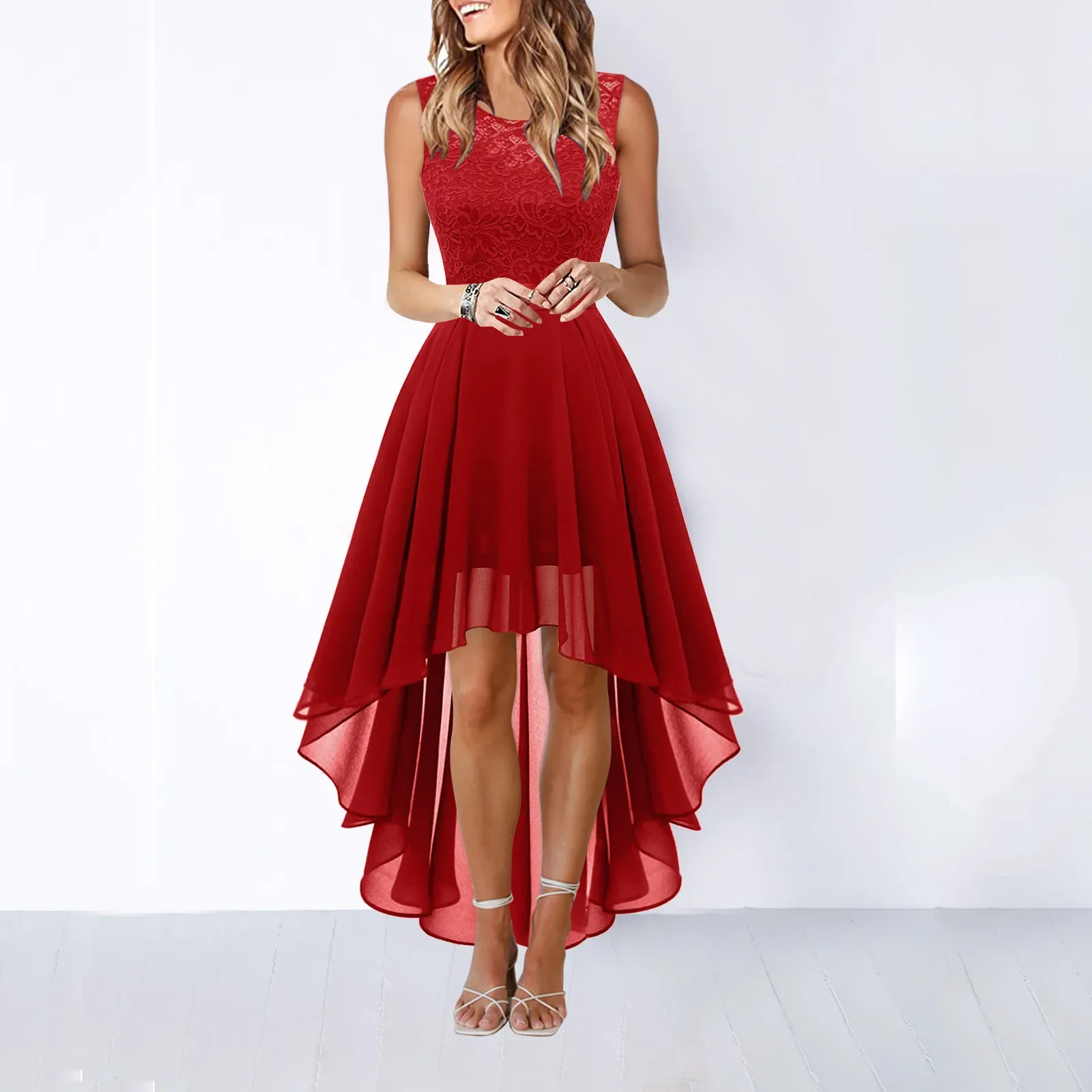 Lace Dress Bow Belt Elegant Irregular Length Dresses For Women 2023 Wedding Guest Sleeveless Bridesmaid Cocktail Party Dress 2