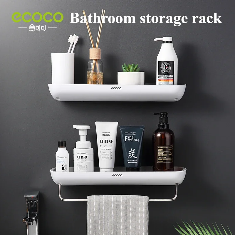 ECOCO Bathroom Shelves Organizer Storage Rack Wall Mount Towel Shelf Shampoo Rack with Towel Bar Kitchen Accessories