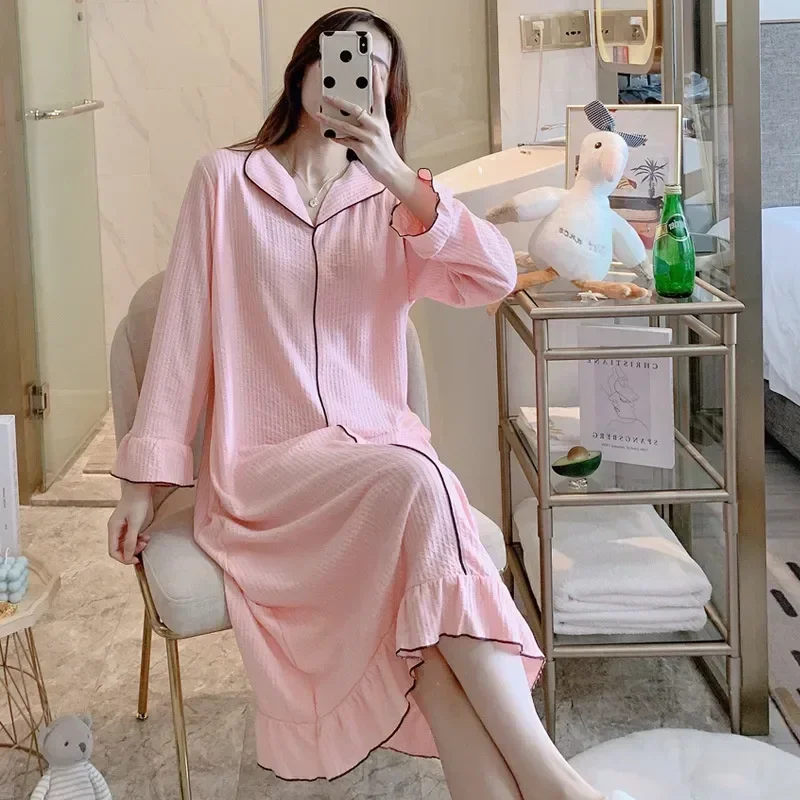 

Womens Spring Size Sleepshirt Bubble Long Cute Gown Plus Autumn Cotton Nightdress Pajamas Nightgowns Dressing Home Sleeve Middle