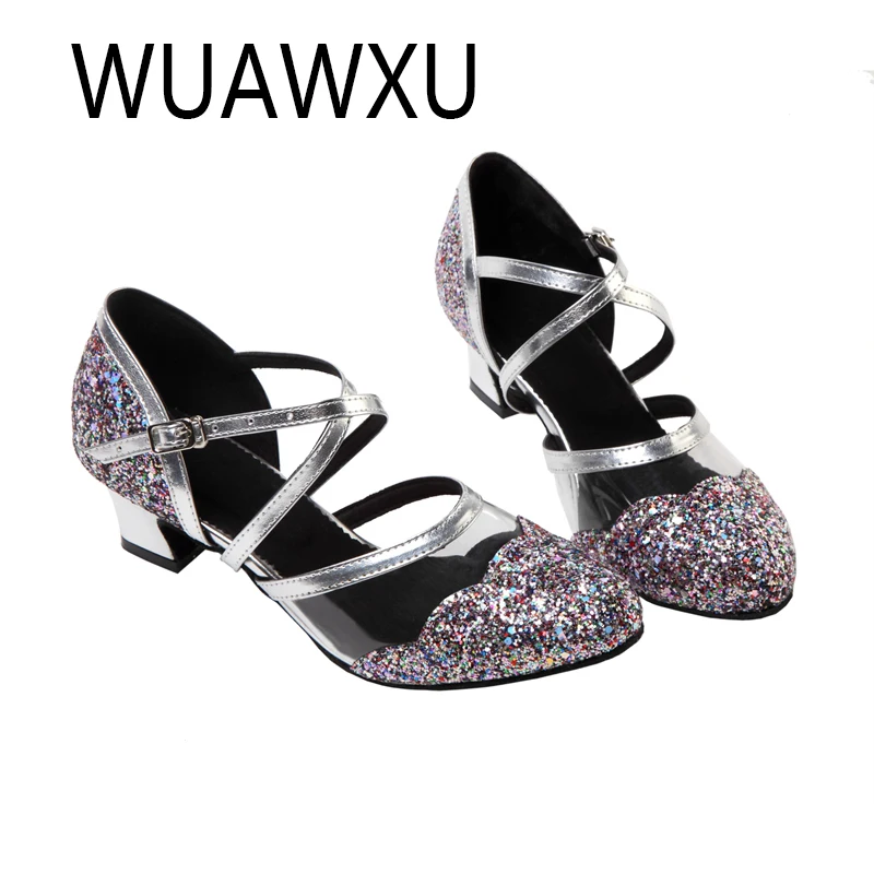 WUAWXU hot selling black and white flash cloth women's Latin dance shoes National standard dance shoes Party square dance shoes