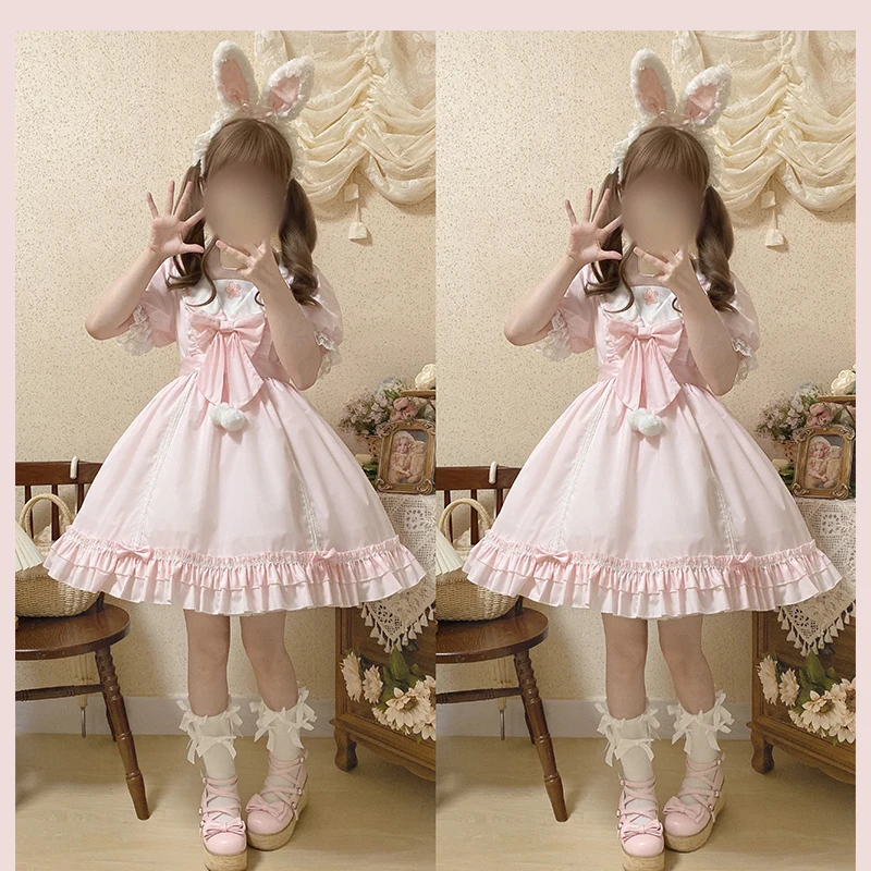 

2023 Harajuku College Style Sweet Girl Cute Soft Sister Bow Navy Collar Dress Female Students Lolita Short-sleeved Princess