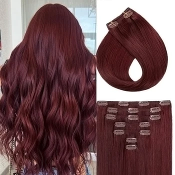 99J Burgundy Human Hair Clip In Extensions Natural Straight Seamless Full Head Thick Real Hair For Women