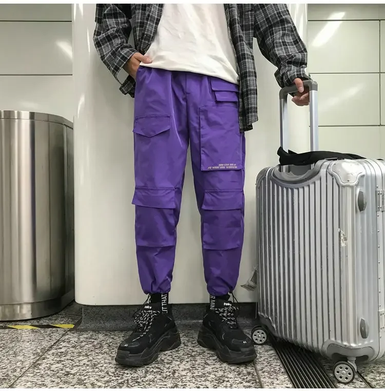 Description Picture 3 of itemFashion Men Streetwear Cargo Pants Mens Trousers Hip Hop Joggers Pockets Purple Men Woman Sweatpants Korean Ankle-Length Pants