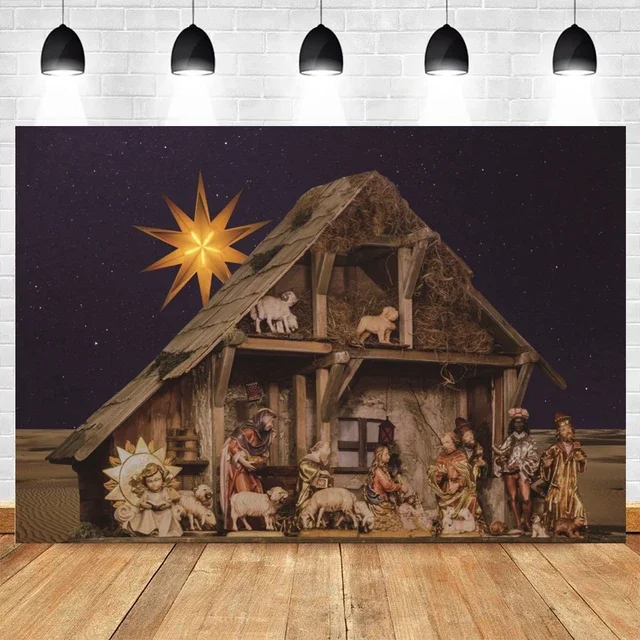 thumbnail image 1 of Fondo de escena de la natividad de Navidad con el nacimiento de Jesús, la Santa Cruz y la Biblia, perfecto para estudio fotográfico, decoración de pared, 1 of 5