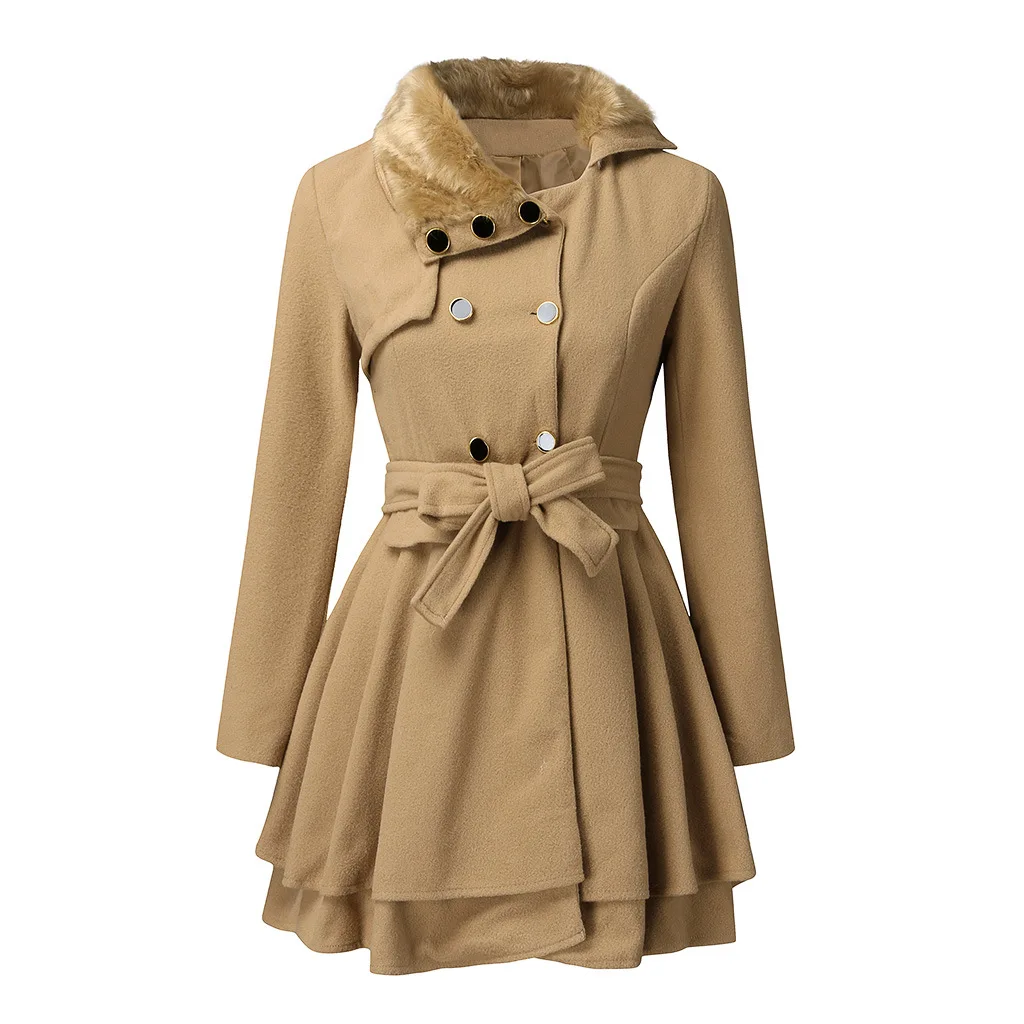 

Женский двубортный шерстяной Тренч, винтажное пальто средней длины на шнуровке, с отложным воротником и драпировкой, облегающая ветровка