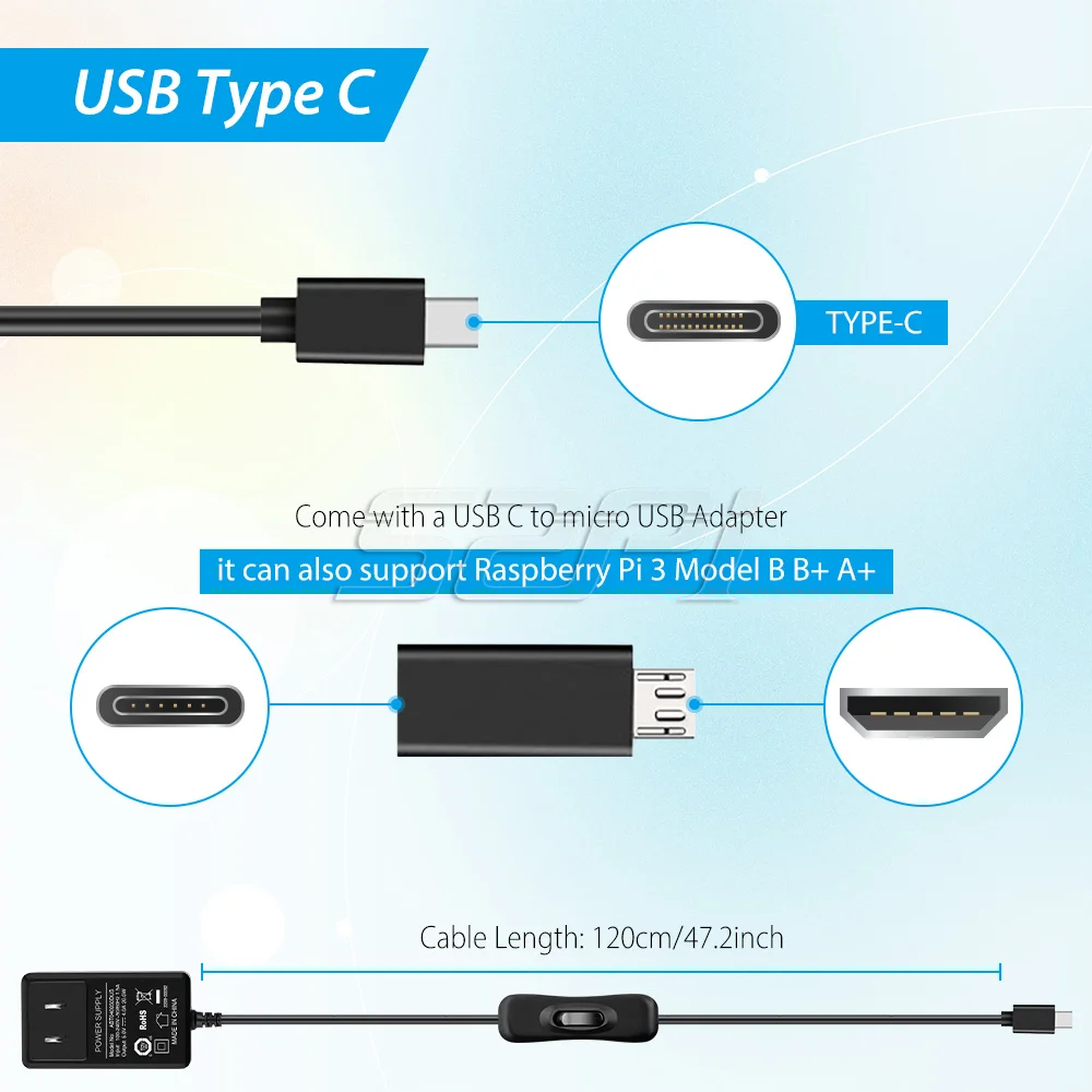 Raspberry pi 5v 4a Adaptador de Alimentação com Ligar e Desligar Eua e ue Plug Cabo Carregador Tipo-c para Raspberry pi Pi3b Mais 3b + - Imagem 5