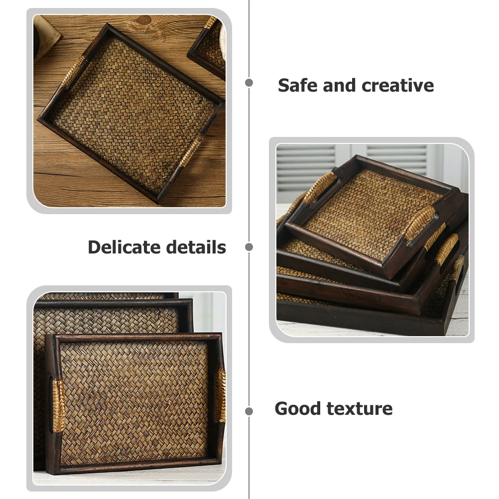 Wooden Woven Tray Rectangular Serving Plate Wood Tray Fruit Snack Tea Cup Holder Household Platter Nuts Dessert Kitchen Dining