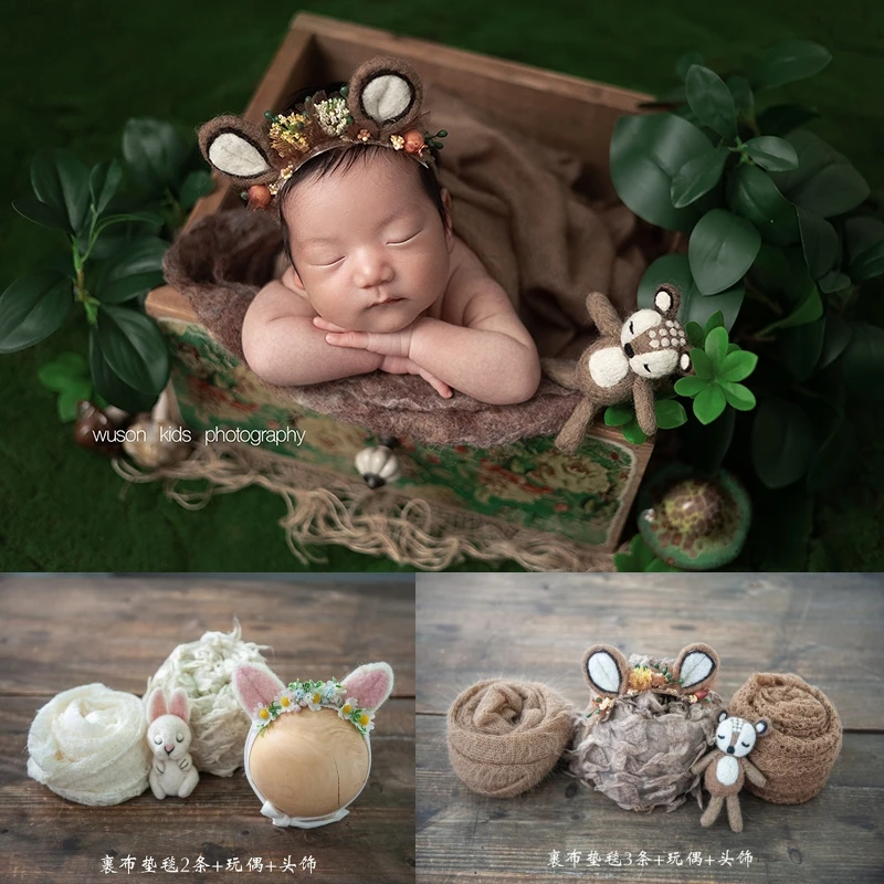 Dvotinst Newborn Photography Props Baby Headband Hat Cute Deer Elk Doll Wrap Fotografia Accessories Studio Shooting Photo Props