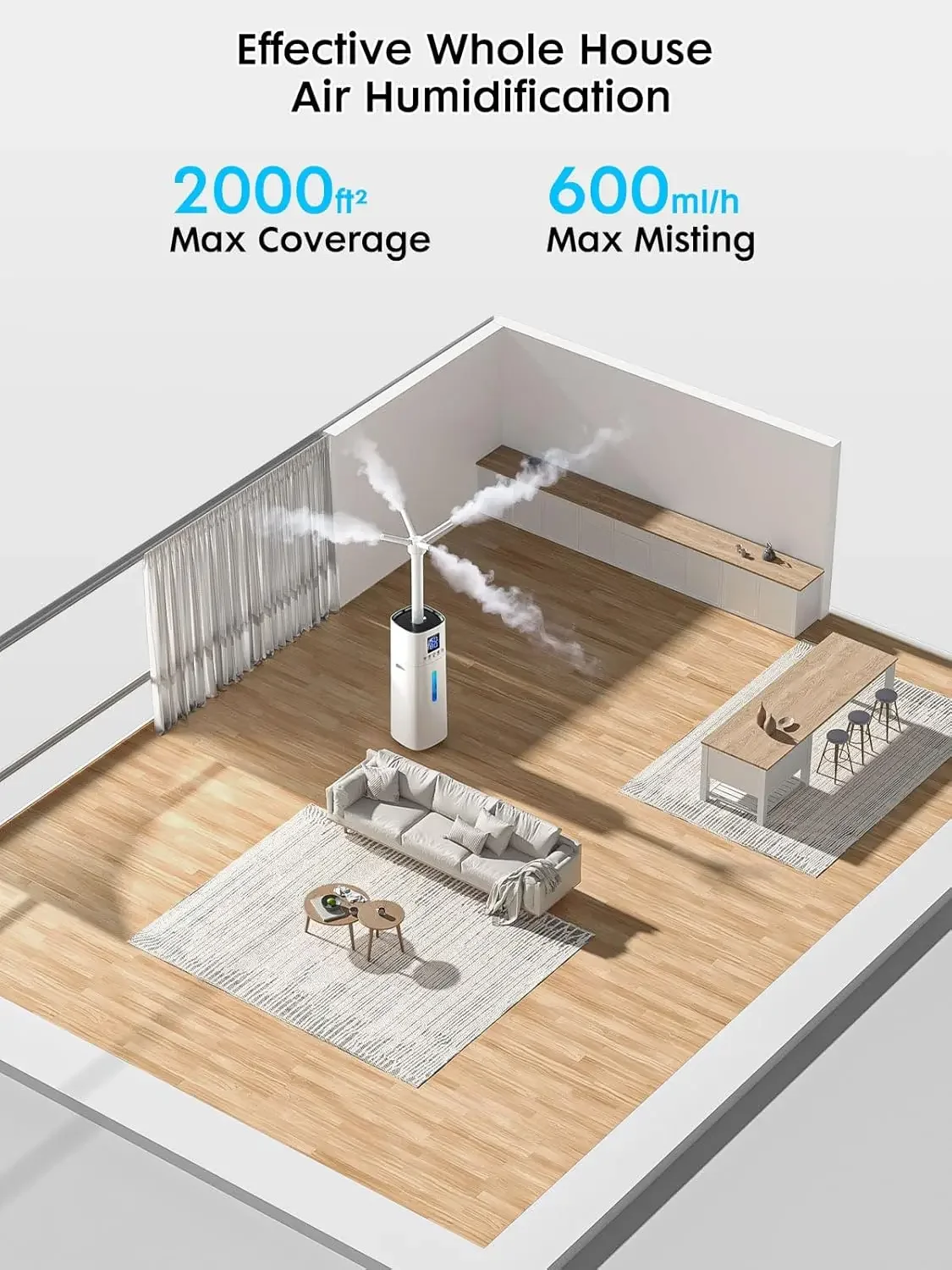 Humidifier Large Room for 2000ft², Humidifiers for Bedroom Large Room, Air Humidifiers for Home, 600ml/h Misting, 60H Runtime, E 2
