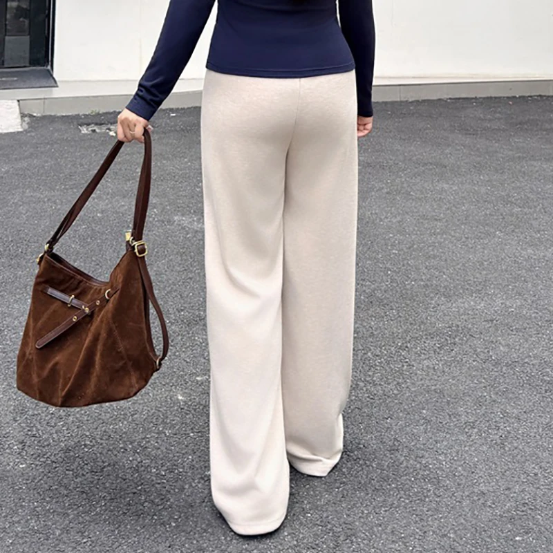 XXXXL Fashion Plus Size Women's Wide Leg Pants Premium Loose And Soft Knitted Wool Trousers Casual Autumn And Winter 9420