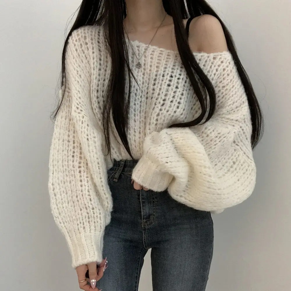 Oversized Sweaters for Women 2023 Pull Femme  Clothes O-neck Lantern Sleeve Casual Jumper Knitted Korean Cropped Pullovers