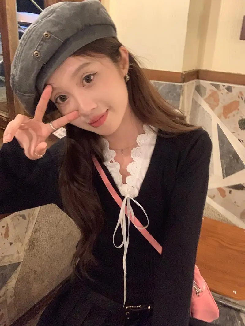 

Homemade Lace-up Bow Long Sleeve T-shirt Knit for Women 2023 Fake Two Lace Neck French Sweater