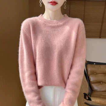 Women's Fall/Winter Fashion Merino Wool Pullover Sweater Solid Color Long Sleeve Top 100% Pure Wool Thermal Pullover SweaterD366