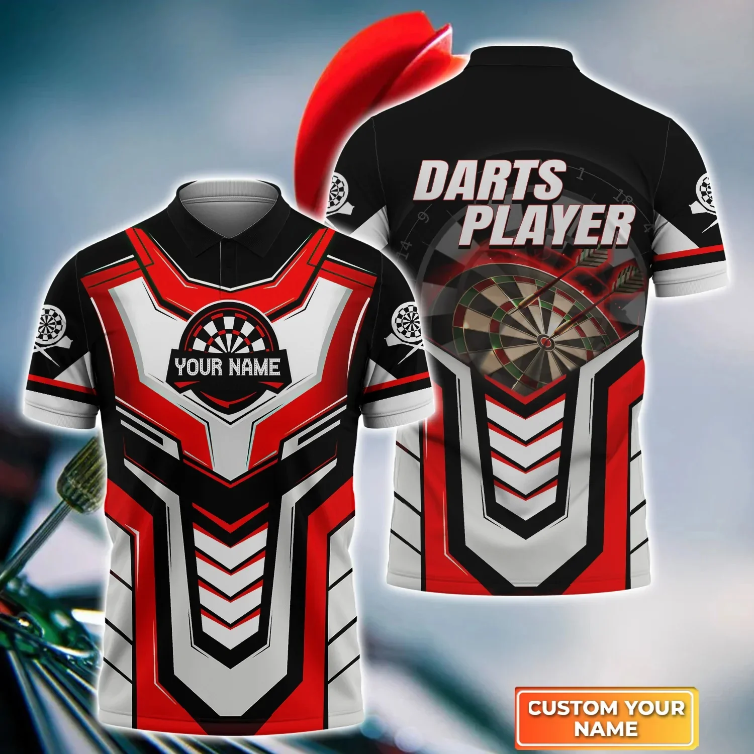 Dartscheibe Totenkopf personalisierter Name 3D-gedrucktes Sommer-Poloshirt Unisex Casual Kurzarmhemden Geschenk für Dartspieler POL-48 – Detail 25