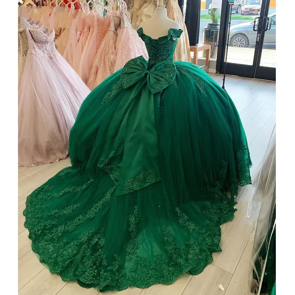 

Ashely Alsa Emerald Green Quinceanera Dresses Tulle Sweet 16 Dress Vestido De 15 Anos Bow Back Princess Prom Party Pageant Gowns