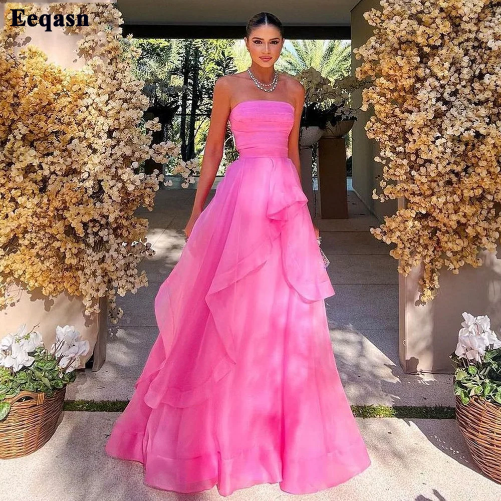 Simple Hot Pink Ruffles Organza Prom Dresses Pleated Strapless Women Formal Evening Dress Special Party Gowns Bridesmaid Dress