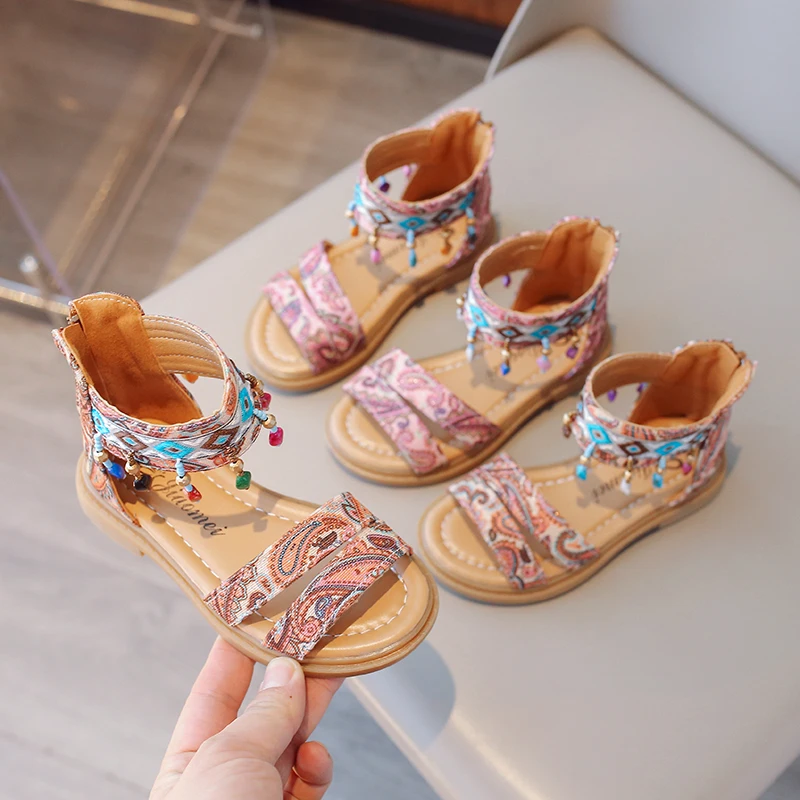 

Girls Sandals Summer New Fashion Kids Baby Princess Shoes Children Fringed Soft-soled Flats Bohemia Style Tassels Sliders