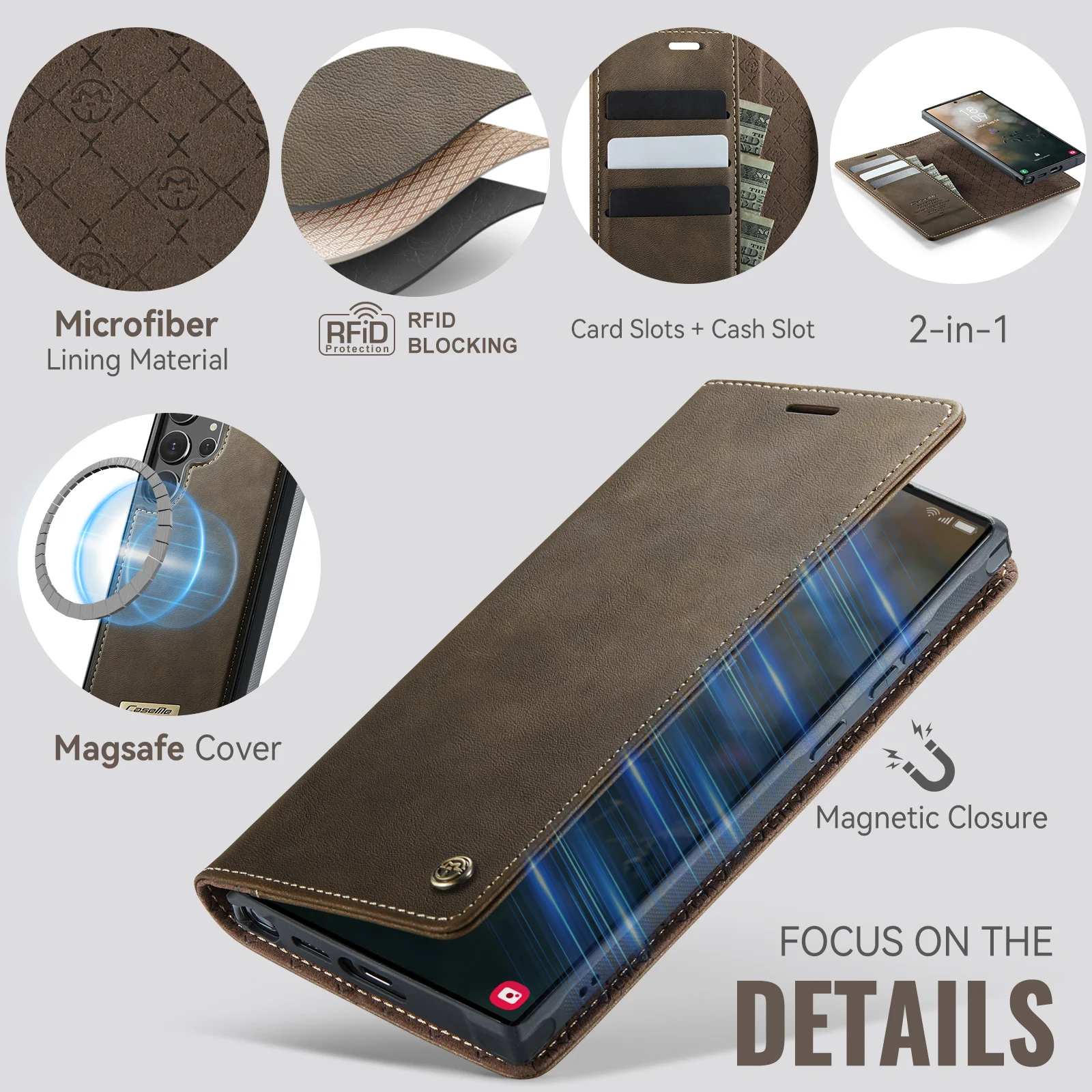 Wireless Charging Leather Wallet Phone Case with Magnetic Flip Cover
