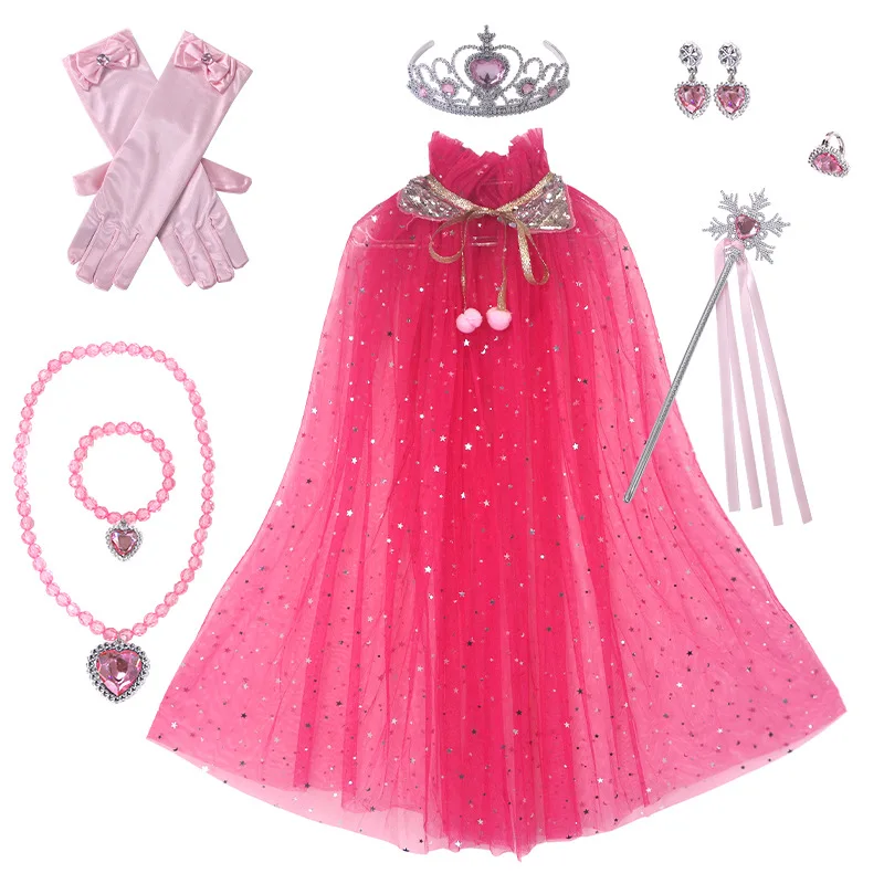

Ice Princess Cosplay sequins Cloak with Magic Stick Crown Necklace earing Halloween Girl Carnival Party