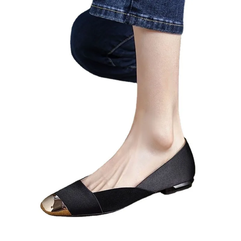 2024New Autumn Fashion French Elegant Soft Leather Square Toe Color Matching Single Shoes Women All Match Comfortable Flat Shoes