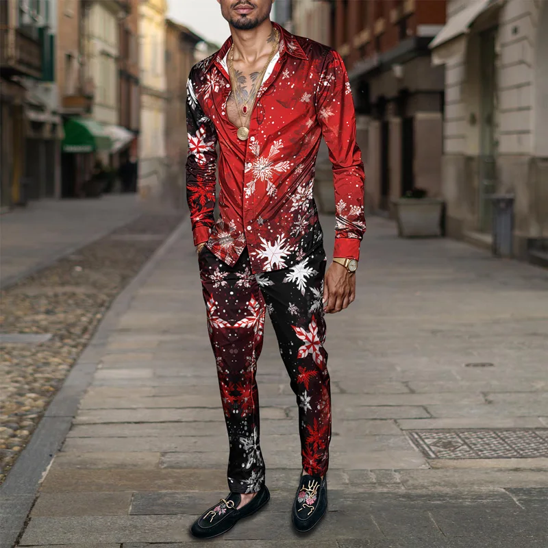 2025 Spring Summer Men Shirt Set Christmas Print Fashion Gingerbread Man Two Piece Set Mens Snowman Lightweight Party Long Sleev_voghion.com