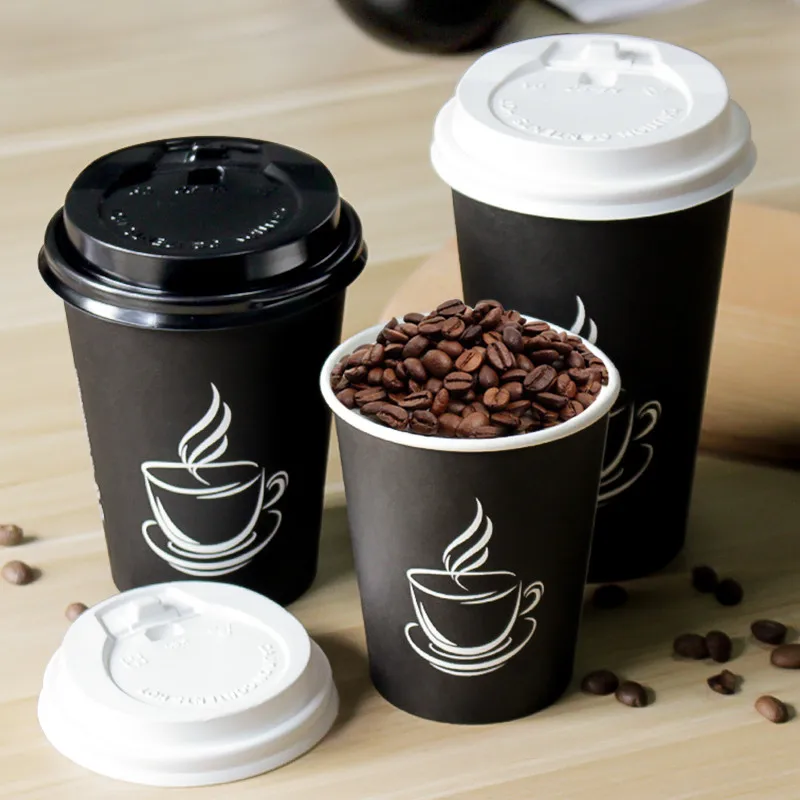 50pcs Thick disposable black coffee milk tea cup 280ml 400ml 500ml hot  drink packaging beverage cups