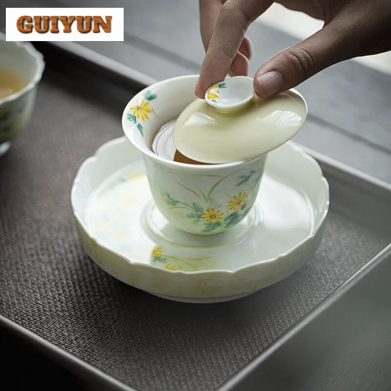 120ml Hand-painted Wild Chrysanthemum Porcelain Gaiwan Elegant Tea Bowl Tea Tureen Brewing Cover Bowl Teaset Ornaments Gifts