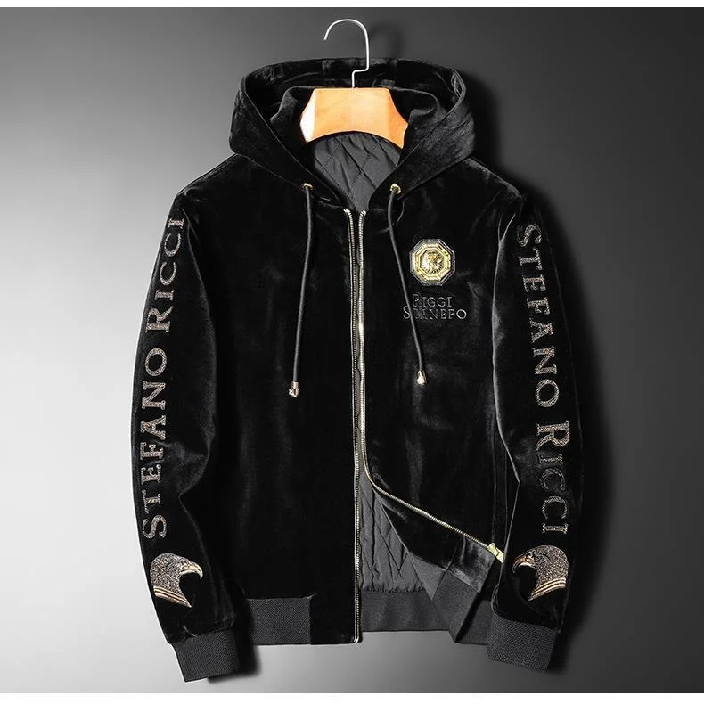 

Luxury brand Winter New Men's Slim fitting Golden Velvet Embroidery Hooded Thickened Warm Large Cotton padded jacket