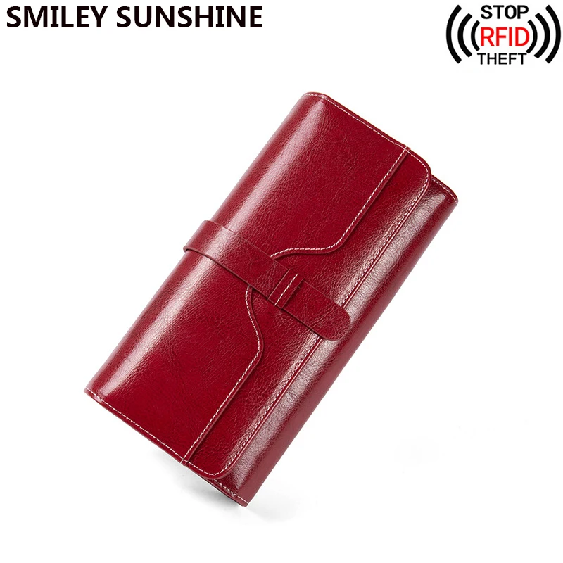 

RFID Blocking Genuine Leather Women Wallet Long Lady Leather Purse Brand Design Luxury Oil Wax Leather Female Wallet Coin Purse