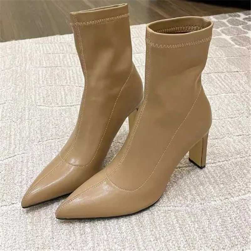 

Sewing Lines Shoes for Ladies Pointed Toes Chassure Femme Churry High Heels Women Leather Female Boots Solid Zapatos De MUjer
