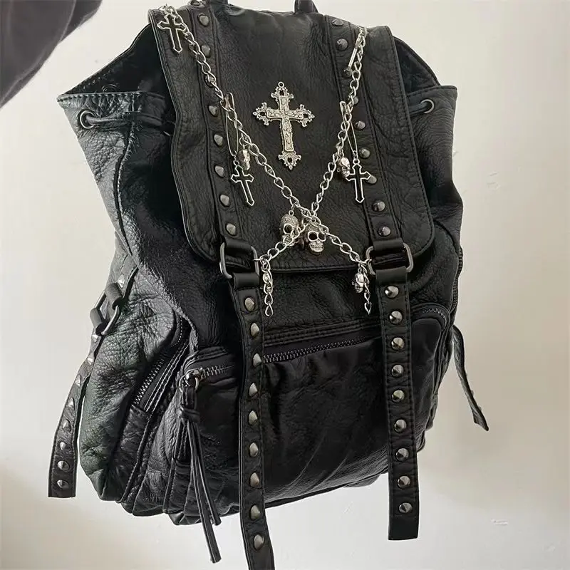 

Fashion Pu Leather Cross Skeleton Goth Y2k Backpacks for Women Punk Rivet Chain Students School Bag Hottie Streetwear Backpack