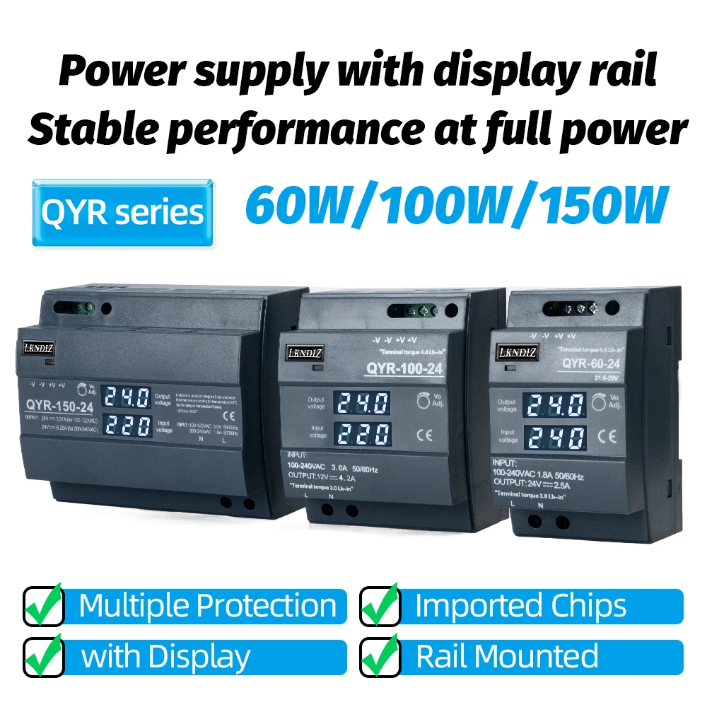 Fonte de Alimentação Comutada com Display Digital Industrial para Faixa de Luz Led Trilho Din Qyr60w 100w 150w Ac-dc 12v 24v Novo