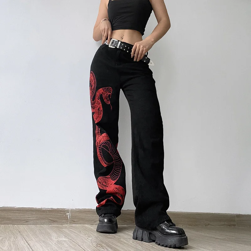 

2023 Harajuku American Snake Print Asymmetric Mom Jeans Women Drag Cool Girls Personality Design Loose Straight Pants Mop Pants