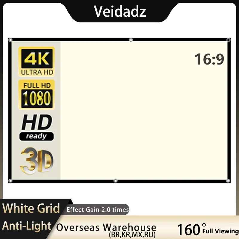 Veidadz Tela de Projeção de 100 120 130 Polegadas Tela de Projetor 16:9 Branca Grade Anti-luz Ângulo de Visão de 160° Portátil Gancho de Metal Tela Reflexiva de Projeção para Tela de Filmes para Home Theater
