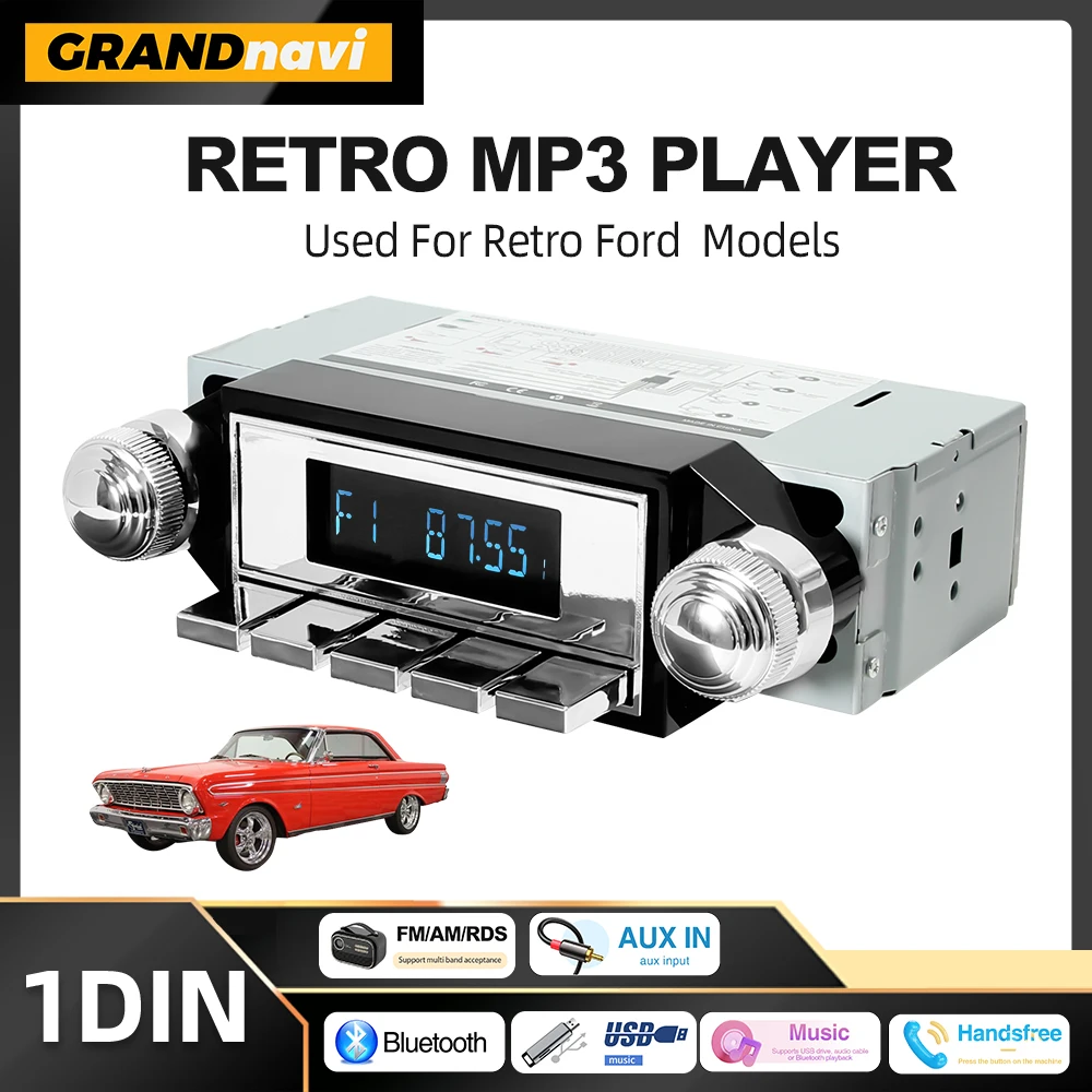 Radio de coche Retor 1DIN MP3 estilo vintage con FM/AM/RDS y Bluetooth para Ford F-Series Ranchero Bronco Mustang Galaxie Falcon Thunderbird 1