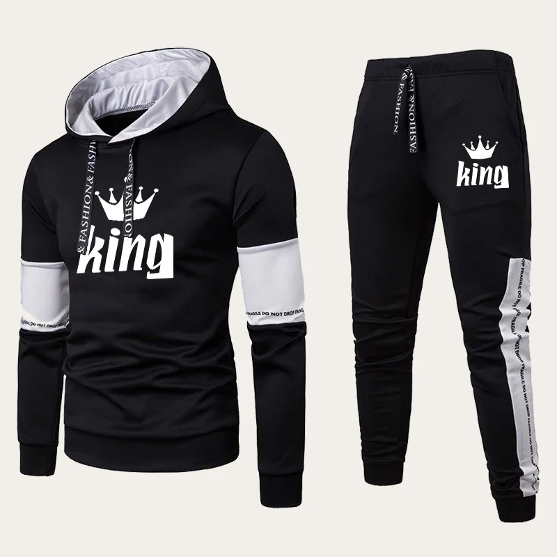 Couples Hooded Tracksuit King or Queen Print Lovers Hoodies Sets Sweatshirt +Jogging Sweapants Suits Men Women Matching Clothing