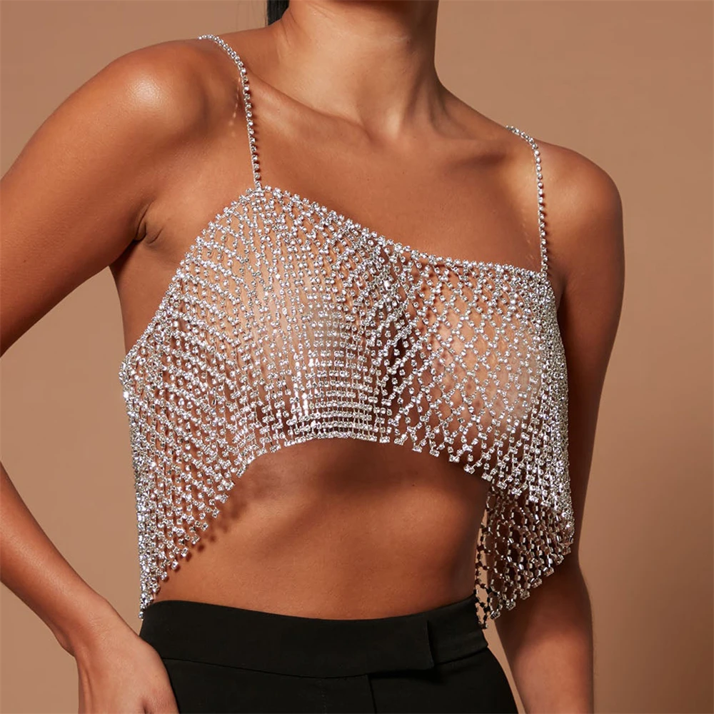 

Fashion Rhinestone Mesh Bra Chain Bikini Body Accessories Festival Clothing Sexy Crystal Tops Lingerie Jewelry for Women