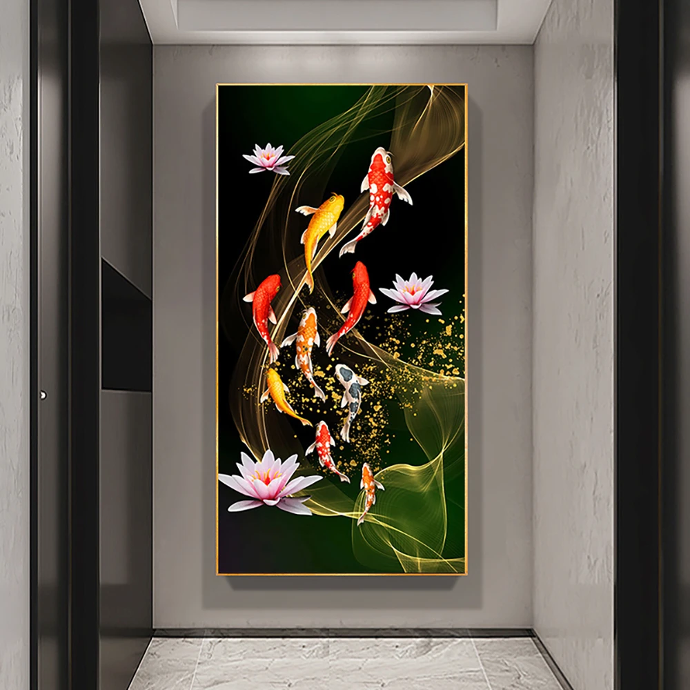 Abstract Koi Fish Feng Shui Carp Lotus Pond Canvas Painting Poster And Print Wall Art Picture For Living Room Home Decor Cuadros
